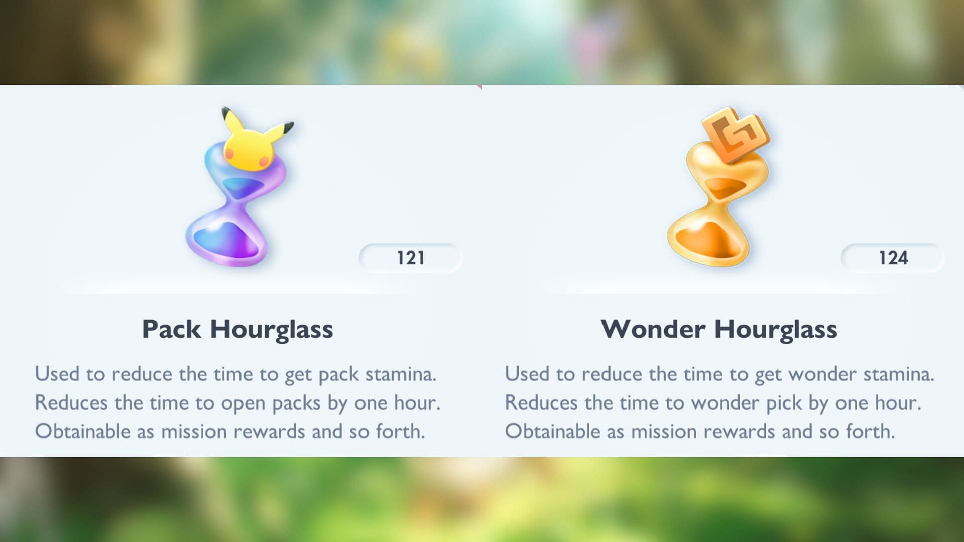 Pack and Wonder Hourglasses as seen in the game (Image via The Pokemon Company)